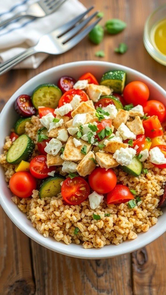 A colorful quinoa bowl with roasted vegetables, chicken, and feta cheese, garnished with herbs on a rustic table.